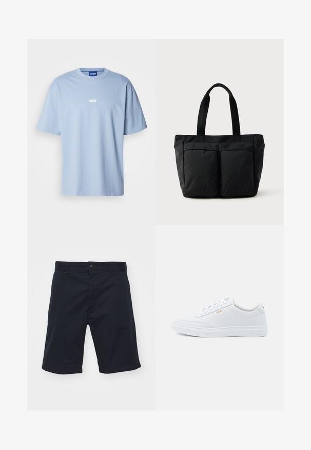 Helles blaues T-Shirt mit kurzen Ärmeln aus Baumwolle, mit Rundhalsausschnitt und einem weißen rechteckigen Logo auf der Vorderseite in der Mitte.; Navyblaue Baumwollshorts mit Knopfverschluss, geradem Schnitt und Seitentaschen. Sie verfügen über eine glatte Textur und ein schlichtes Design.; Weiße Leder-Sneaker mit glatter Textur, runder Zehenpartie und tonal abgestepptem Design. Mit blauen Schnürsenkeln und einem goldenen Logo an der Seite.; Schwarze Tragetasche aus weichem Stoff, mit zwei vorderen Taschen und stabilen Tragegriffen. Logo an der Seite angebracht. Einfaches, funktionales Design.