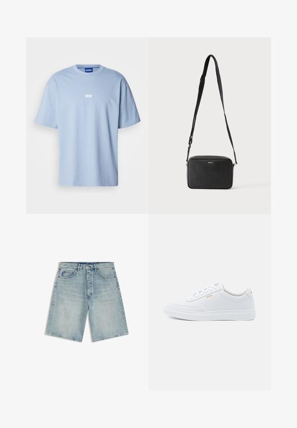 Helles blaues T-Shirt mit kurzen Ärmeln aus Baumwolle, mit Rundhalsausschnitt und einem weißen rechteckigen Logo auf der Vorderseite in der Mitte.; Hellblaue Denim-Shorts mit Vordertaschen, Gürtelschlaufen und Knopfverschluss, gezeigt vor weißem Hintergrund.; Weiße Leder-Sneaker mit glatter Textur, runder Zehenpartie und tonal abgestepptem Design. Mit blauen Schnürsenkeln und einem goldenen Logo an der Seite.; Schwarze rechteckige Umhängetasche mit verstellbarem Riemen und BOSS-Logo auf der Vorderseite, vor einem einfarbigen hellen Hintergrund.