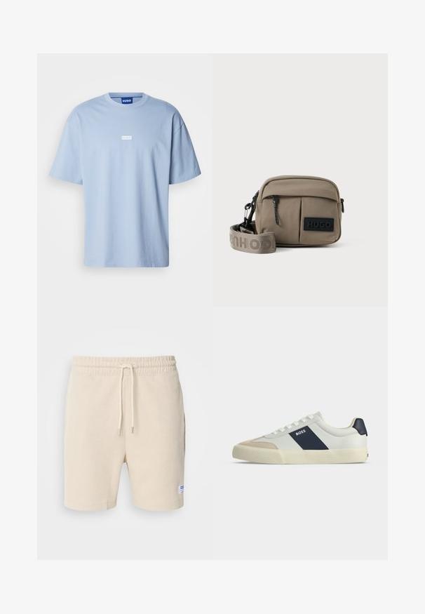 Helles blaues T-Shirt mit kurzen Ärmeln aus Baumwolle, mit Rundhalsausschnitt und einem weißen rechteckigen Logo auf der Vorderseite in der Mitte.; Cremfarbene Shorts aus strukturiertem Stoff. Mit elastischem Bund und Kordelzug sowie seitlichen Taschen. Kleines Etikett am Saum.; Weißer Sneaker mit niedrigem Schaft, beiger Zehenkappe, dunkelblauem Seitenstreifen mit dem Schriftzug BOSS, weißen Schnürsenkeln und Gummisohle auf neutralem Hintergrund.; Khaki-farbene Nylon-Crossbody-Tasche mit zwei Reißverschluss-Vordertaschen, verstellbarem Tragegurt und einem schwarzen Logo-Patch auf der Vorderseite. Glatte Textur.