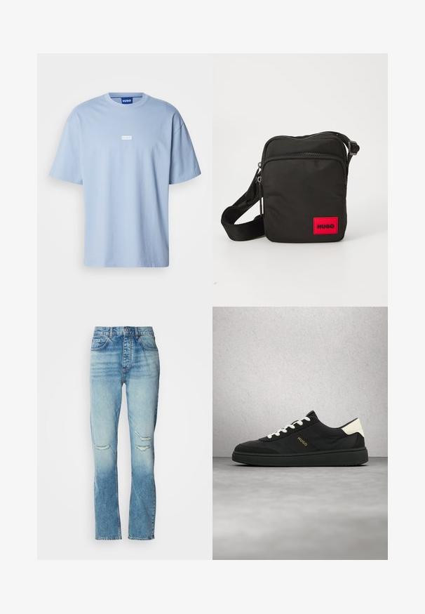 Lyseblå kortærmet t-shirt lavet af bomuld, med rund hals og et hvidt rektangulært logo i midten foran.; Kvinders mid-rise blå jeans med falmet vask, slidte huller på begge knæ, lige ben og klassisk fem-lomme design.; Sort sneaker med hvide snørebånd og hælkappe, "HUGO"-logo på siden, vist i luften mod en grå gulv- og glasblokvæg som baggrund.; Sort nylon crossover taske med en rød rektangulær logo-patch, lynlåslommer, justerbar rem og en tekstureret overflade.