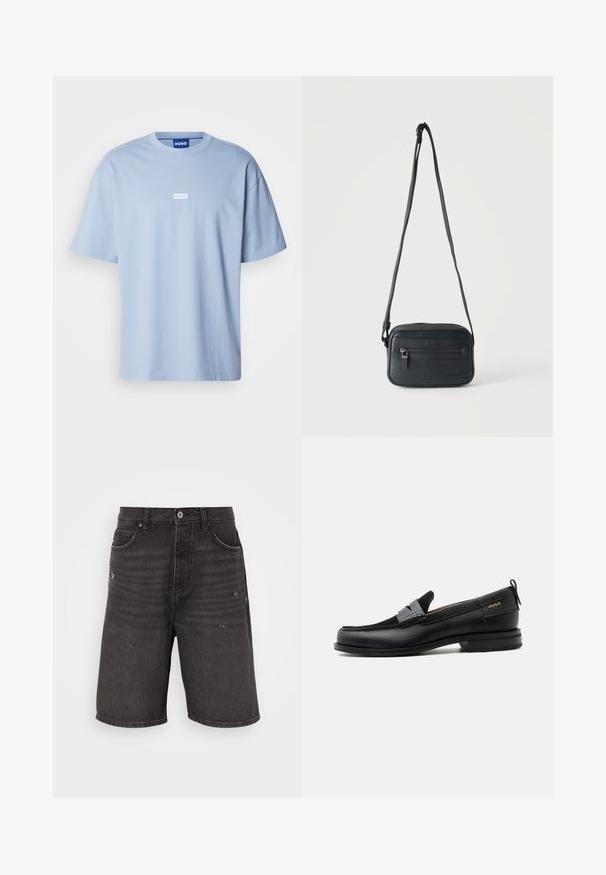 Camiseta de manga corta azul claro hecha de algodón, con cuello redondo y un logo rectangular blanco en el centro del frente.; Shorts de mezclilla negra con un corte relajado, que cuentan con bolsillos frontales, una textura desgastada y una cinturilla clásica con un cierre de botón sencillo.; Mocasín de cuero negro con detalle de tira gris, tacón bajo y suela texturizada, con la marca "HUGO" en oro en el lateral.; Bolso bandolera negro con un bolsillo frontal con cremallera, superficie texturizada y correa ajustable colgado sobre un fondo claro y liso.
