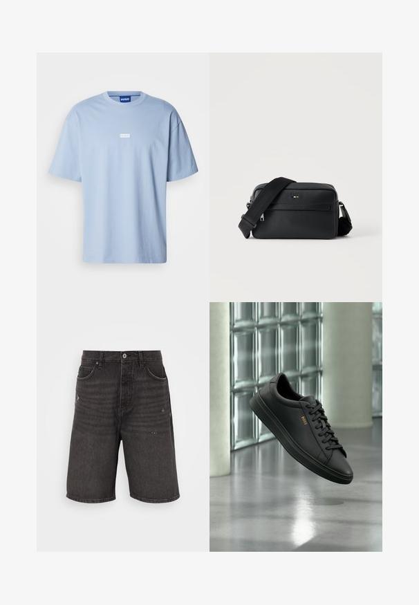 Lyseblå kortærmet t-shirt lavet af bomuld, med rund hals og et hvidt rektangulært logo i midten foran.; Sorte denim shorts med afslappet pasform, der har frontlommer, en slidt tekstur og et klassisk taljebånd med en enkelt knaplukning.; Sort lavtopet lædersneaker med sorte snørebånd og gyldent BOSS-logo på siden, svævende over en blank grå gulv i et moderne indendørs rum.; Sort tekstureret læder crossbody taske med front lynlåslomme og justerbar bred stofskulderrem på hvid baggrund.
