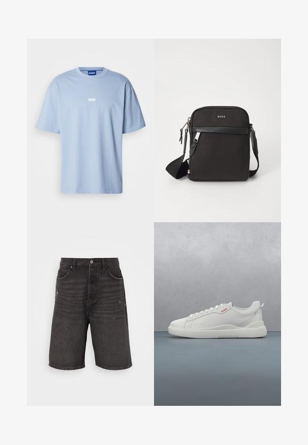 Lichtblauw T-shirt met korte mouwen van katoen, met een ronde hals en een wit rechthoekig logo op het midden van de voorkant.; Zwarte denimshorts met een ontspannen pasvorm, voorzien van frontzakken, een verouderde textuur en een klassieke tailleband met een enkele knoopsluiting.; Witte sneaker met een gladde leren afwerking, ronde neus, vier veterogen, subtiele perforaties en een rood logo detail aan de zijkant.; Zwarte schoudertas van textuurstof, met logo aan de voorkant, ritssluiting en verstelbare schouderband. Voorzien van een gladde leren rand.