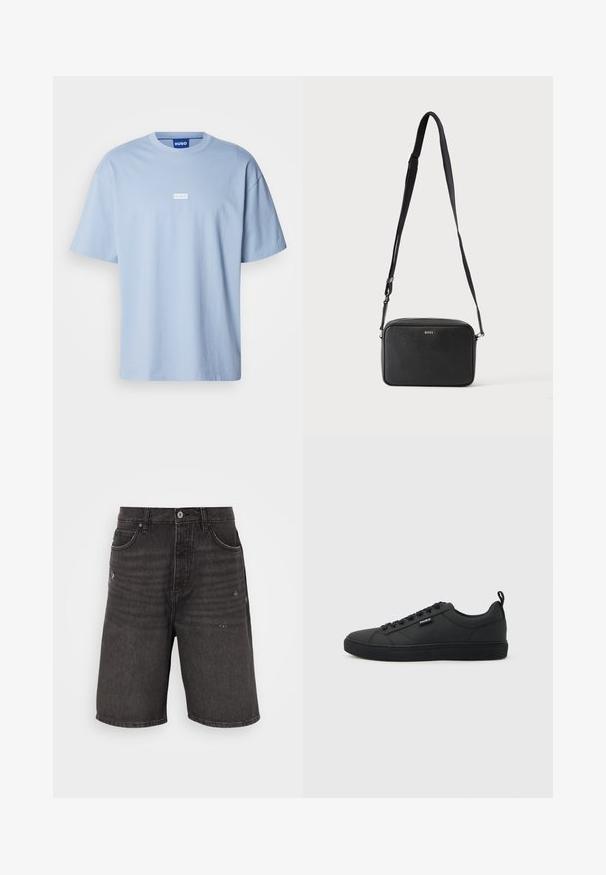 Lichtblauw T-shirt met korte mouwen van katoen, met een ronde hals en een wit rechthoekig logo op het midden van de voorkant.; Zwarte denimshorts met een ontspannen pasvorm, voorzien van frontzakken, een verouderde textuur en een klassieke tailleband met een enkele knoopsluiting.; Zwarte lage sneaker met vetersluiting, platte zool en klein "HUGO" label aan de zijkant, getoond in profiel tegen een lichte achtergrond.; Zwarte rechthoekige crossbodytas met verstelbare band en BOSS-logo aan de voorkant, tegen een effen lichte achtergrond.