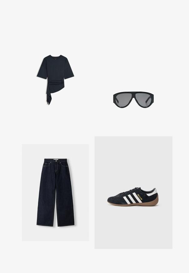 Schwarzes asymmetrisches Kurzarmoberteil mit rundem Ausschnitt und gerafftem Detail auf einer Seite, das in ein hängendes, drapiertes Paneel übergeht.; Dunkelblaue, weite Jeans mit hoher Taille, fünf Taschen, Kontrastnähten und silbernem Metallzubehör. Glatte Textur und saubere Verarbeitung.; Schwarzer Veloursleder-Sneaker mit drei weißen Streifen, Gummisohle und einem kleinen goldenen Logo an der Seite. Verfügt über ein glattes schwarzes Innenfutter.; Schwarze übergroße Aviator-Sonnenbrille mit dunkel getönten Gläsern, auf weißem Hintergrund präsentiert.