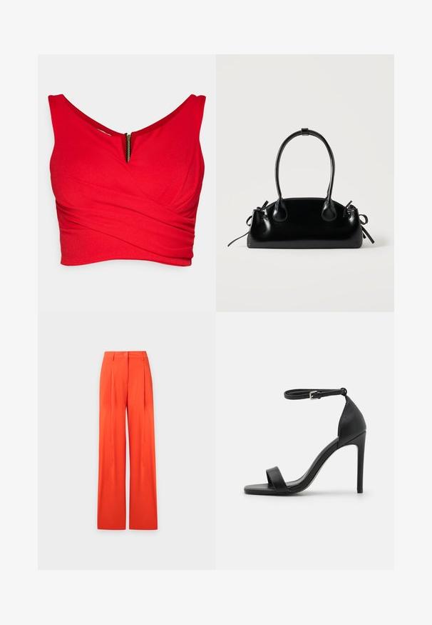 Crop top rouge en tissu lisse avec un décolleté en V profond, présentant un design enwrap diagonal et une fermeture éclair dorée visible à l'avant.; Pantalon large taille haute orange vif avec fermeture à boutons et plis devant sur un fond clair uni.; Sandale noire à talons hauts au design épuré, avec une bride au niveau de la cheville, un bout ouvert et une texture en cuir lisse.; Petit sac à main noir brillant avec deux longues anses et des détails à cordon sur les côtés sur un fond clair uni.