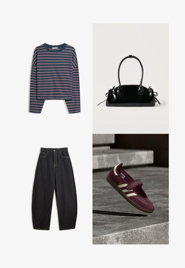Marineblaues Langarmoberteil mit weißen und rosa horizontalen Streifen; Rundhalsausschnitt; lockere Passform; weicher Stoff; seitliche Schlitze am Saum für mehr Bewegungsfreiheit.; Schwarze Denim-Hosen mit weitem Bein und hoher Taille, mit gelben Nähten, zwei Vorderaschen und einem einzigen Knopfverschluss.; Bordeauxroter Sportschuh mit Klettverschluss, weißen Seitenstreifen, strukturiertem Gummisohlenprofil und glattem Obermaterial. Verstellbare Passform mit gepolstertem Innenfutter.; Kleine schwarze glänzende Handtasche mit zwei langen Griffen und seitlichen Kordelzug-Details vor einfachem hellem Hintergrund.