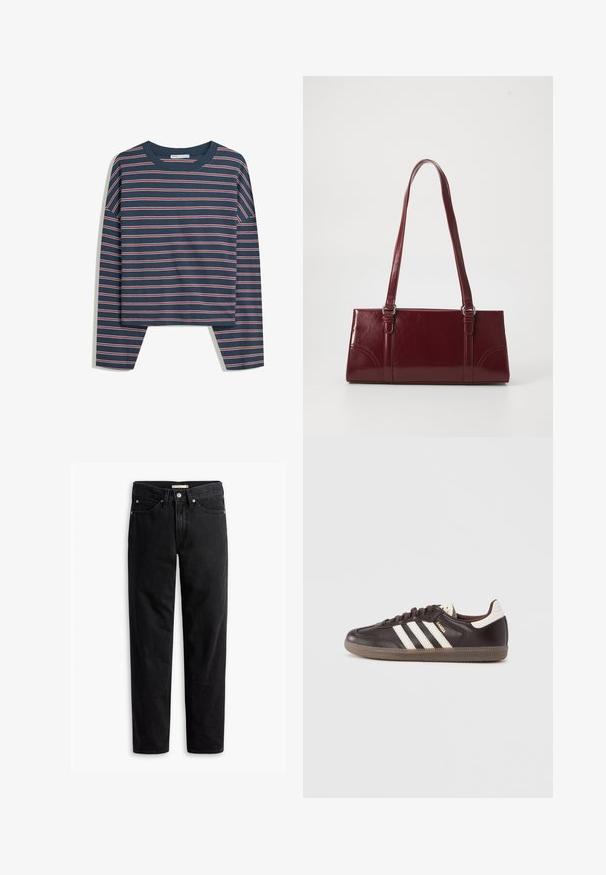 Marineblaues Langarmoberteil mit weißen und rosa horizontalen Streifen; Rundhalsausschnitt; lockere Passform; weicher Stoff; seitliche Schlitze am Saum für mehr Bewegungsfreiheit.; Schwarze gerade Jeans mit Knopf- und Reißverschluss, Gürtelschlaufen sowie Vorder- und Gesäßtaschen, auf weißem Hintergrund flach präsentiert.; Dunkelbraune Ledersneaker mit weißem Drei-Streifen-Design, einer Gummisohle und dem Schriftzug "Samba" in goldener Schrift an der Seite. Klassische, niedrige Form.; Burgunderfarbene Handtasche aus glänzendem Material, rechteckige Form, mit zwei Schulterriemen und subtilen, geschwungenen Akzenten an der Vorderseite.