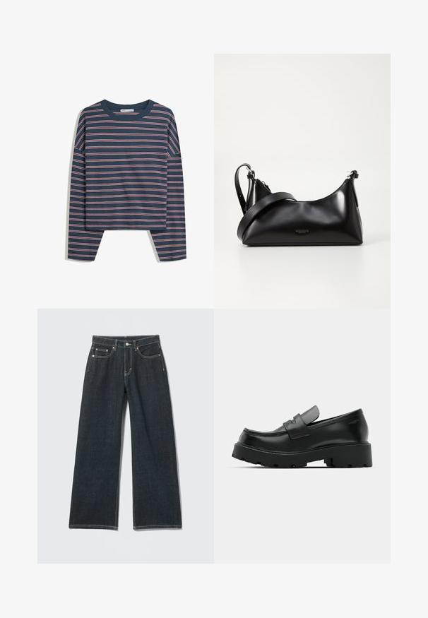 Marineblå langærmet top med hvide og lyserøde vandrette striber; rund hals; afslappet pasform; blødt stof; sideslids i sømmen for nem bevægelse.; Mørkeblå jeans med vide ben, foran med knapper, lynlås, bæltestropper og fem-lomme detalje på en ensfarvet lys baggrund.; Sorte læder loafers med en chunky tekstureret sål, der har en rem over vamps og en glat, poleret finish.; Sort læderhåndtaske med en glat tekstur. Har en justerbar stropp og et enkelt, minimalistisk design med lynlås.