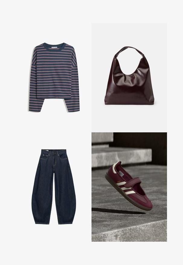 Marineblaues Langarmoberteil mit weißen und rosa horizontalen Streifen; Rundhalsausschnitt; lockere Passform; weicher Stoff; seitliche Schlitze am Saum für mehr Bewegungsfreiheit.; Dunkelblaue Jeans mit weitem Bein, vorderen Taschen, Gürtelschlaufen und Knopfverschluss in der Taille.; Bordeauxroter Sportschuh mit Klettverschluss, weißen Seitenstreifen, strukturiertem Gummisohlenprofil und glattem Obermaterial. Verstellbare Passform mit gepolstertem Innenfutter.; Burgunderfarbene, glänzende tote Bag aus veganem Leder mit einer weichen, skulpturalen Form und einem breiten, geschwungenen Henkel für einfaches Tragen.