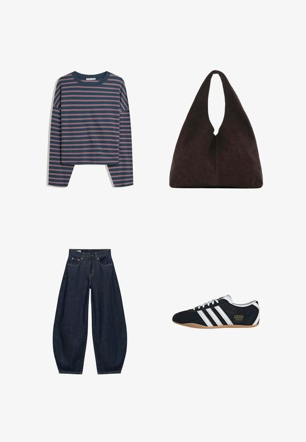 Marineblaues Langarmoberteil mit weißen und rosa horizontalen Streifen; Rundhalsausschnitt; lockere Passform; weicher Stoff; seitliche Schlitze am Saum für mehr Bewegungsfreiheit.; Dunkelblaue Jeans mit weitem Bein, vorderen Taschen, Gürtelschlaufen und Knopfverschluss in der Taille.; Schwarze Wildledersneaker mit drei weißen Streifen, goldenem Logo und brauner Gummisohle. Merkmale ein niedrigprofiliertes Schnürdesign.; Weiche dunkelbraune dreieckige Schultertasche mit einem einzelnen breiten Grifföffnung oben und glatter Oberflächenstruktur.