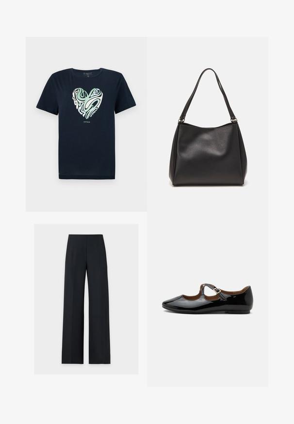 Navyblaue Baumwoll-T-Shirt mit einem herzförmigen Grafikdesign in grünen und cremefarbenen Wirbelmustern. Rundhals, kurze Ärmel und gerader Saum.; Schwarze, weit geschnittene Hose mit hohem Bund und Bügelfalte vorn, flach auf einem einfachen weißen Hintergrund ausgebreitet. Keine sichtbaren Taschen oder Verschlüsse.; Schwarzer Mary Jane flacher Schuh aus Lackleder mit zwei Ausstanzungen und einem goldfarbenen Schnallenriemen auf weißem Hintergrund.; Schwarze Handtasche aus synthetischem Leder mit weicher Textur, Hobo-Form und doppelten Schulterriemen; zeichnet sich durch ein glänzendes Finish und minimalistisches Design aus.