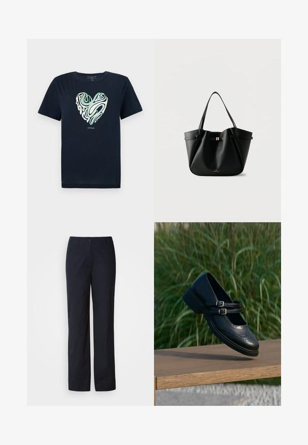 Navyblauwe katoenen T-shirt met een hartvormige graphic in groene en crèmekleurige spiraalpatronen. Ronde hals, korte mouwen en een rechte zoom.; Marineblauwe katoenen broek met een rechte pijp, voorzien van een knoopsluiting aan de voorkant en zonder zichtbare patronen of versieringen.; Zwarte leren Mary Jane-schoen met dubbele gespsluitingen en brogue-details, zwevend boven een houten bankje met groene grasachtergrond.; Zwarte leren totebag met twee schouderriemen, een klein gouden sluitinkje en het "Anna Field"-logo op een witte achtergrond.