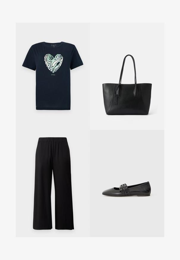 Navyblaue Baumwoll-T-Shirt mit einem herzförmigen Grafikdesign in grünen und cremefarbenen Wirbelmustern. Rundhals, kurze Ärmel und gerader Saum.; Schwarze, weit geschnittene Hosen aus weichem, dehnbarem Stoff. Mit einem elastischen Bund und einer glatten Textur, geeignet für die Freizeit.; Schwarzer flacher Schuh mit spitzem Zehenbereich, aus glattem Leder gefertigt. Verfügt über drei dekorative Riemen mit Schnallen über dem Spann.; Schwarze Ledertasche mit strukturierter Oberfläche, elongated Form, zwei robuste Griffe und einem kleinen dekorativen Anhänger an der Seite.