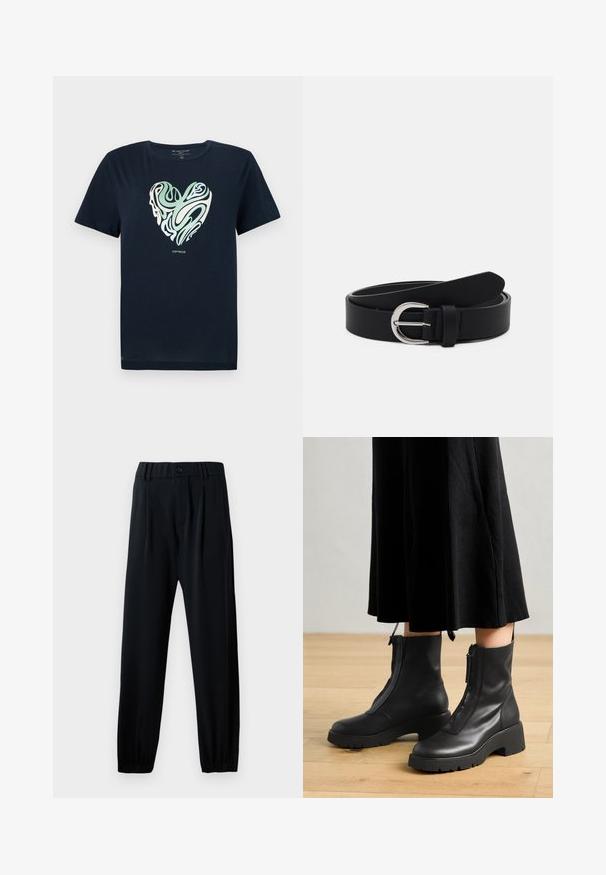 Navyblaue Baumwoll-T-Shirt mit einem herzförmigen Grafikdesign in grünen und cremefarbenen Wirbelmustern. Rundhals, kurze Ärmel und gerader Saum.; Schwarze Hose mit elastischem Bund, Knopfverschluss, geradem Bein-Design und gerafften Bündchen. Hergestellt aus einem glatten, leichten Stoff.; Schwarze Lederstiefeletten mit einer dicken Plattformsohle und einem Reißverschluss vorne. Glatte Textur mit einem minimalistischen Design.; Schwarzer Leder-Gürtel mit einer silbernen runden Schnalle, flaches Design, sich verjüngendes Ende, glatte Textur und minimalistischer Stil.