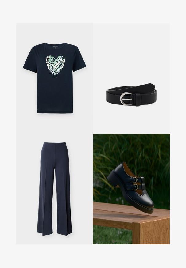 Navyblaue Baumwoll-T-Shirt mit einem herzförmigen Grafikdesign in grünen und cremefarbenen Wirbelmustern. Rundhals, kurze Ärmel und gerader Saum.; Marineblaue weit geschnittene Hose mit seitlichen Schlitzen, hoher Taille und glatter Vorderseite, vor weißem Hintergrund präsentiert.; Schwarzer Lederschuh mit doppelter Schnalle und perforierten Details, der über einer Holzbank im Freien mit grünem Gras und Pflanzen im Hintergrund schwebt.; Schwarzer Leder-Gürtel mit einer silbernen runden Schnalle, flaches Design, sich verjüngendes Ende, glatte Textur und minimalistischer Stil.