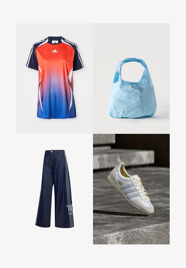 Adidas športová košeľa s krátkym rukávom s gradientom od červenej po modrú, s námorníckymi akcentmi a bielymi pruhmi pozdĺž ramien.; Tmavomodré široké rifle s sivými bočnými pruhmi, zapínaním na gombíky, prednými vreckami a nášivkou s logom Adidas na ľavej nohe.; Biela a svetlomodrá teniska s perforáciami, béžové šnúrky a textúrovaná gumová podrážka. Má tri pruhy a zlaté logo.; Svetlomodrá opakovane použiteľná nákupná taška so širokými rukoväťami, mierne pokrčená tkanina, stojaca vzpriamene na jednoduchom bielom pozadí.