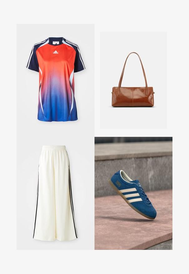 Adidas kortærmet sports T-shirt med en gradient fra rød til blå, med marineblå akcenter og hvide striber langs skuldrene.; Hvide løse bukser med elastisk talje og sorte lodrette striber langs yderseams.; Blå ruskindsneaker med cremefarvede striber og snørebånd, sål af gummiridse, tekstureret overflade, rundet tå og mærkning på siden.; Rektangulær brun læderhåndtaske med to lange skulderremme, glat blank finish og minimalistisk design på en ensfarvet baggrund.