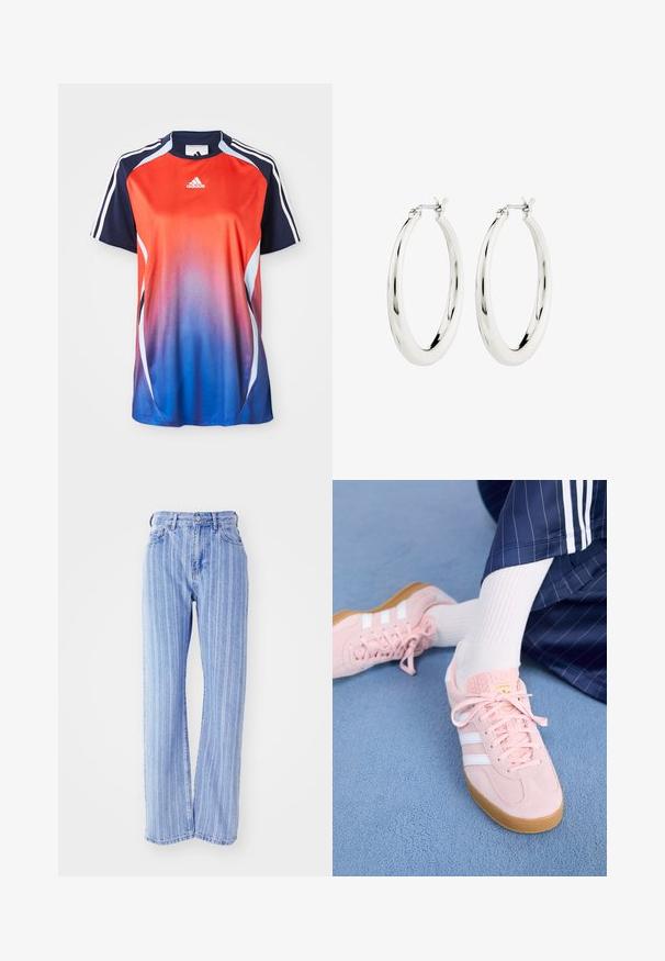 Adidas športová košeľa s krátkym rukávom s gradientom od červenej po modrú, s námorníckymi akcentmi a bielymi pruhmi pozdĺž ramien.; Svetlomodré rifľové nohavice s vertikálnymi bielymi prúžkami, vysoký pás, voľný strih, päť vreciek a zapínanie na gombíky.; Svetloružové semišové tenisky s bielymi pruhmi a šnúrkami, s textúrovaným jazykom a gumenou podrážkou, umiestnené na modrom koberci.; Strieborné kruhové náušnice s hladkým, lesklým povrchom. Obľúbený tvar, vybavené bezpečným zapínaním. Jednoduchý a elegantný dizajn.