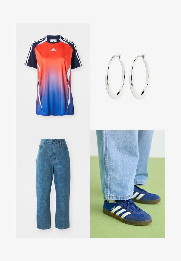 Adidas kortærmet sports T-shirt med en gradient fra rød til blå, med marineblå akcenter og hvide striber langs skuldrene.; Lyseblå denim jeans med en subtil mønstret struktur, høj talje og lige ben. Har en frontlukning med knap og lynlås.; Blå ruskindsneakers med hvide striber og teksturerede mønstre, båret med lyseblå denimbukser, sat mod en grøn baggrund.; Sølvøreringe i form af hoops med en glat, blank finish. Cirkulær form, der har en sikker lås. Simpelt og elegant design.