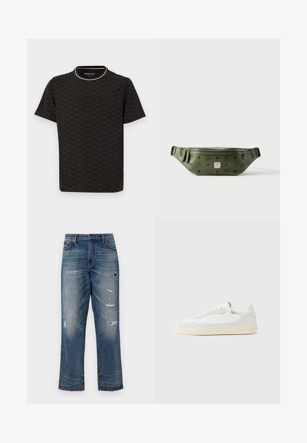 T-shirt noir à manches courtes avec un motif subtil de logo MK en all-over, doté d'une bordure de col blanche contrastante et d'une coupe décontractée.; Jeans en denim bleu avec une coupe décontractée, comprenant des patchs usés et un délavage. Ils possèdent des poches classiques et des coutures apparentes.; Baskets blanches avec dessus en daim et cuir texturé. Caractérisées par un bout arrondi, une fermeture à lacets et une semelle en caoutchouc beige contrastante.; Sac banane en cuir texturé vert olive avec logos noirs, fermeture éclair argentée, doubles tirettes et plaque de marque centrale argentée.