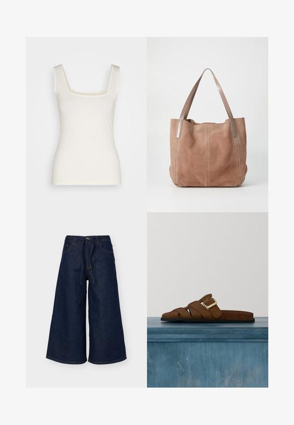 Débardeur couleur crème avec un décolleté carré, des bretelles fines et une silhouette ajustée. Fabriqué en tissu doux et extensible. Pas de motifs ni d'accents.; Pantalon en jean bleu foncé à jambes larges avec poches avant, passants de ceinture et ceinture nouée en tissu à la taille, présenté sur un fond uni.; Sandale en cuir marron avec boucle dorée et semelle noire, flottant au-dessus d'un sol en béton lisse, avec en arrière-plan un glass rayé verticalement.; Anna Field LEATHER - Cabas - taupe