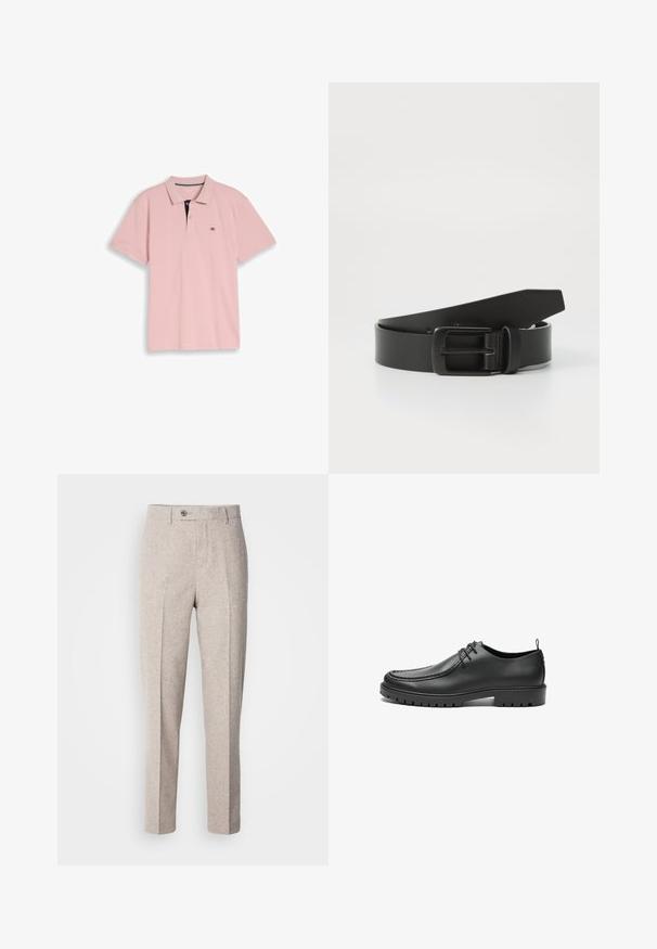 Polo à manches courtes rose clair avec deux boutons et petit logo noir sur le côté gauche de la poitrine, sur un fond uni.; Pantalons en laine beige clair avec une texture lisse, coupe droite, plis sur le devant et fermeture à un bouton à la taille.; Chaussures en cuir noir avec une finition lisse, bout arrondi et coutures décoratives. Elles possèdent une semelle en caoutchouc avec des rainures de traction et un laçage.; Ceinture en cuir noir avec une boucle en métal noir mat, présentant une texture lisse et un design simple. Longueur réglable avec une extrémité effilée.