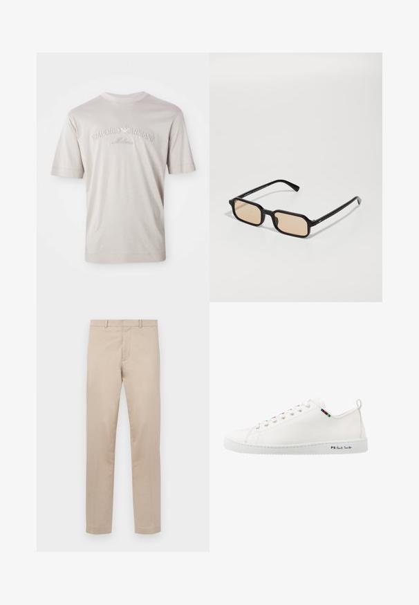 Camiseta de manga corta color beige claro, hecha de una tela suave, con el logo bordado "Emporio Armani Milano" en un tono ligeramente más oscuro.; Pantalones beige de pierna recta con trabillas para cinturón, cremallera frontal y cierre de botón, exhibidos extendidos sobre un fondo claro.; Zapatilla de cuero blanca con textura suave, puntera redonda y detalle de tira de color contrastante cerca de los cordones. Presenta una suela de goma y un logotipo en el lateral.; Gafas de sol rectangulares negras con lentes marrones claros, con un marco grueso, forma angular y un sutil acento dorado en las patas.