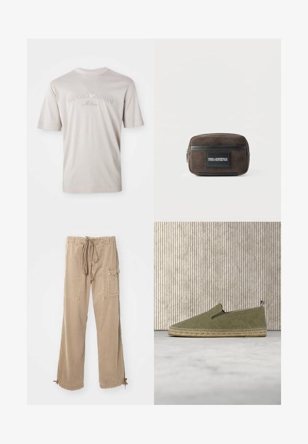 Camiseta de manga corta color beige claro, hecha de una tela suave, con el logo bordado "Emporio Armani Milano" en un tono ligeramente más oscuro.; Pantalones cargo beige con cintura ajustable, pierna ancha, bolsillos laterales y lazos en el dobladillo. Hechos de un material de algodón suave y duradero.; Alpargata de lona verde oliva con suela de yute trenzado y tira tricolor en la parte trasera, suspendida sobre alfombra beige y muebles translúcidos color ámbar.; Bolso rectangular de ante marrón con borde y cremallera de cuero negro, con una etiqueta negra que dice "Karl Lagerfeld 21 Rue St-Guillaume Paris".