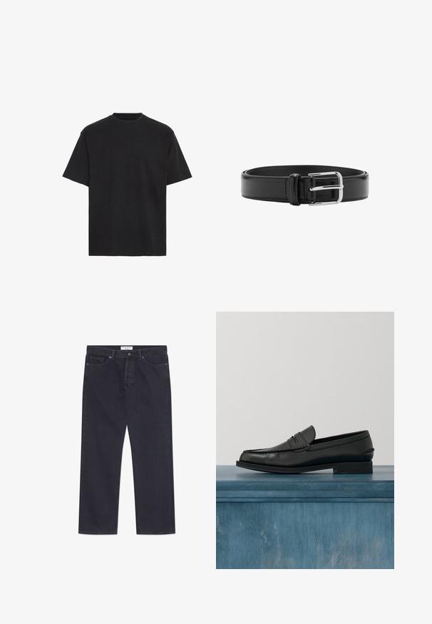 Camiseta de algodón negra, de manga corta, cuello redondo, ligera, de corte holgado, con textura suave, sin patrones ni acentos visibles.; Vaqueros de mezclilla azul oscuro con un diseño de pierna recta, cinco bolsillos y un cierre clásico de botón y cremallera. Presenta costuras de contraste.; Mocasines de cuero negro con un diseño elegante, que presentan una puntera cosida y un acabado suave. El zapato tiene un tacón bajo y detalles mínimos.; Cinturón de cuero negro con costuras visibles y una hebilla plateada brillante, colocado plano en posición enrollada sobre un fondo blanco.