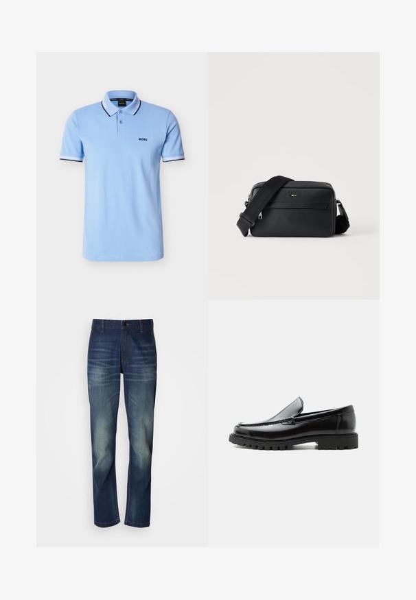 Polo à manches courtes bleu clair avec patte à deux boutons, bordure noire et blanche sur le col et les manches, et logo "BOSS" sur le côté gauche de la poitrine.; Jean en denim bleu foncé avec une coupe droite, présentant un délavage à l'avant, une braguette à boutons et un design classique à cinq poches.; Mocassin en cuir noir avec semelle en caoutchouc épaisse, dessus cousu et nom de marque embossé sur le talon, présenté de profil sur fond blanc.; Sac bandoulière en cuir noir texturé avec poche avant zippée et bandoulière large en tissu réglable sur fond blanc.