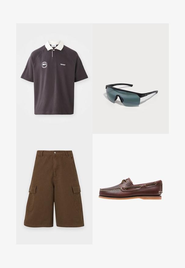 Dunkelgrau Poloshirt mit einem weißen Kragen, gesticktem Logo auf der Brust und kurzen Raglanärmeln. Hergestellt aus weichem Material.; Braune Cargo-Shorts mit geradem Schnitt, zwei Seitentaschen und einer vorderen Knopfleiste. Hergestellt aus strapazierfähigem Baumwollstoff mit matter Oberfläche.; Brauner Leder-Bootsschuh mit weißen Nähten, Schnürdetails und hellbrauner Gummisohle, seitlich auf weißem Hintergrund gezeigt.; Sport-Sonnenbrille mit schwarzem Rahmen, großen grauen Gläsern und einem umschließenden Design. Verfügt über eine markante Nasenbrücke und eine strukturierte Bügel.