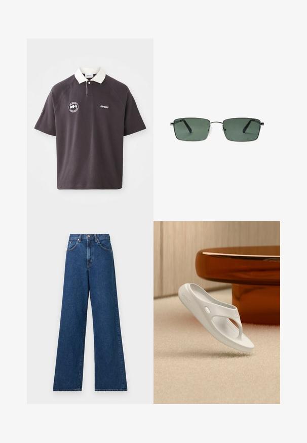Dunkelgrau Poloshirt mit einem weißen Kragen, gesticktem Logo auf der Brust und kurzen Raglanärmeln. Hergestellt aus weichem Material.; Weite blaue Denim-Jeans mit hohem Bund, ausgestattet mit Gürtelschlaufen und Vordertaschen. Der Stoff hat eine glatte Textur und minimale Nähte.; Einzelne weiße Lacoste-Zehentrenner-Sandale schwebt über einem beigen Teppich mit braunem, transparentem runden Tisch im Hintergrund.; Rechteckige, dunkelgrün getönte Gläser mit dünnen silbernen Metallrahmen und Nasenpads, vor weißem Hintergrund gezeigt.