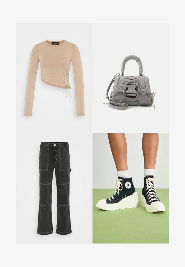 Top court à manches longues en beige clair, avec un détail à lacets sur le côté. Fabriqué en tissu doux avec une texture lisse et un col arrondi.; BDG Urban Outfitters UTILITY SKATE - Jean boyfriend - washed black; Baskets montantes noires avec une semelle plateforme blanche surélevée, dotées de lacets blancs et d'un logo arrondi sur le côté. Matériau en toile texturée.; Sac à main gris texturé avec une poignée rembourrée, des accents en maille, une bandoulière ajustable et un fermoir à l'avant. Design compact avec une forme arrondie.
