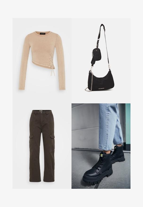 Top court à manches longues en beige clair, avec un détail à lacets sur le côté. Fabriqué en tissu doux avec une texture lisse et un col arrondi.; Pantalons cargo marron foncé avec des jambes droites, deux poches latérales, coutures visibles et une fermeture à bouton à l'avant. Fabriqués en tissu durable.; Personne portant un jean bleu clair et des bottes noires épaisses à lacets, debout sur un sol en béton près d’un mur.; Sac en nylon noir à l'épaule avec une forme incurvée, accent en chaîne argentée, pochette mini amovible et bandoulière ajustable ; présente le logo "Steve Madden".