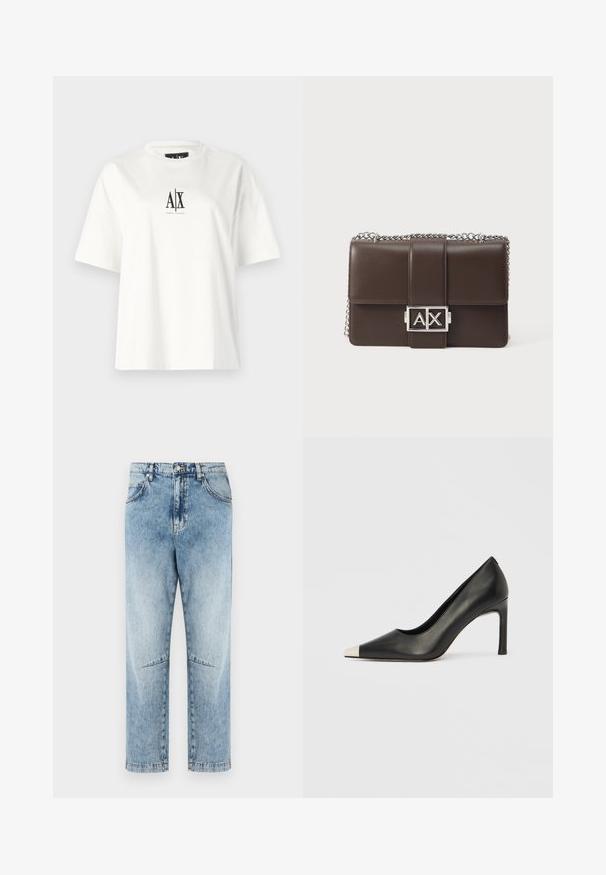 T-shirt en coton blanc avec des manches courtes, une coupe décontractée et un imprimé logo noir au centre devant. Texture lisse, sans motifs supplémentaires.; Jean droit taille haute bleu clair avec délavage, poches avant et arrière, passants de ceinture, fermeture par bouton et détails de coutures aux genoux.; Chaussure à talon haut en cuir noir avec bout pointu et capuchon argenté métallique. Présente une finition lisse et un talon fin de 10 cm.; Sac à bandoulière en cuir marron foncé avec une bandoulière chaîne argentée et une fermeture à logo "AX" argentée sur le rabat avant.
