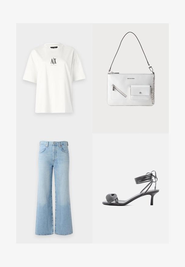 T-shirt en coton blanc avec des manches courtes, une coupe décontractée et un imprimé logo noir au centre devant. Texture lisse, sans motifs supplémentaires.; Jean flare en denim bleu clair avec une taille haute, cinq poches et un léger dégradé près de l'ourlet. Dispose d'une ceinture standard et d'une fermeture à bouton.; Sandale à talon en cuir gris avec une bride nouée sur les orteils et des lacets enroulants autour de la cheville, sur un talon moyen et fin, sur fond blanc.; Sac à main en cuir blanc avec bandoulière noire amovible, poche zippée frontale et petite poche avec fermeture à fermoir argenté et détail chaîne.