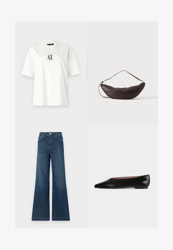 Camiseta de algodón blanca con mangas cortas, un corte relajado y un estampado de logo negro en el centro del frente. Textura suave, sin patrones adicionales.; Jeans de pierna ancha en denim azul oscuro, con una cintura alta, herrajes en cobre y un ligero desvanecimiento. Bajo limpio sin patrones adicionales.; Zapato plano negro de cuero para mujer con punta puntiaguda y tacón bajo, mostrado de lado sobre un fondo liso gris claro.; Bolso de hombro de cuero marrón oscuro en forma de media luna con una correa curva y costuras visibles sobre un fondo liso.