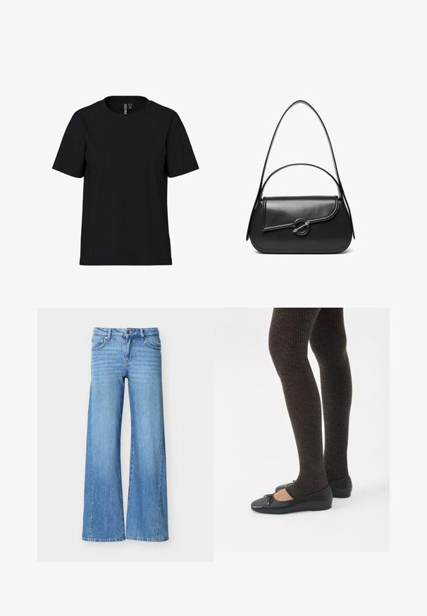 Schwarzes T-Shirt mit kurzen Ärmeln aus weichem Stoff und Rundhalsausschnitt. Einfaches Design ohne Muster oder Akzente, gerader Schnitt am Saum.; Hellblaue Jeans aus Denim mit hoher Taille, Knopf- und Reißverschluss, Fronttaschen und weitem Bein.; Beine in dunklen, gerippten Leggings kombiniert mit schwarzen Ballerinas mit kleinen Schleifendetails auf weißem Hintergrund.; Schwarze Lederschultertasche mit einer geschwungenen Klappe, die durch einen runden Metallverschluss gesichert ist, und einem schlanken, verstellbaren Riemen.