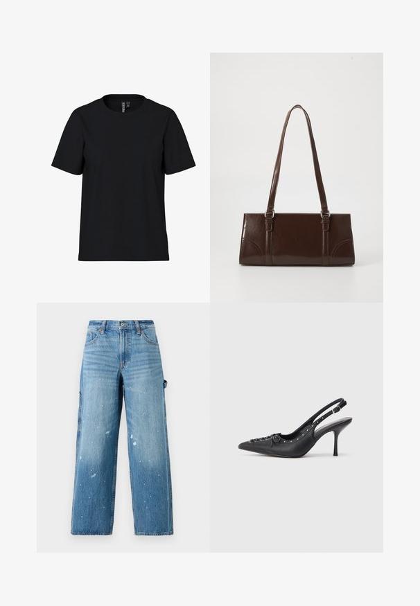Sort kortærmet T-shirt lavet af blødt stof med rund hals. Simpelt design uden mønstre eller detaljer, lige snit i kanten.; Lysblå denim cargo jeans med brede ben, falmede sektioner og malersprøjt detalje. Har sidelommer og knaplukning.; Sorte læder slingback stiletto med spids tå, side spændebånd, nitter langs kanten og dekorativ snøring foran.; Brun lakeret håndtaske med rektangulær form, to lange håndtag og subtile buede detaljer på fronten.