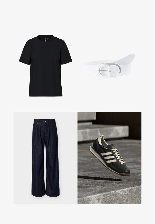 Zwarte T-shirt met korte mouwen, gemaakt van zacht materiaal en met een ronde hals. Eenvoudig ontwerp zonder patronen of accenten, rechte snit aan de onderkant.; Donkere blauwe jeans met wijde pijpen, voorzien van knopen aan de voorkant en een vijfzakkenontwerp, op een effen lichte achtergrond.; Zwarte leren sneaker met drie witte strepen, crèmekleurige veters, een getextureerde tong en een zool van gumrubber. Minimalistisch ontwerp met retro-invloeden.; Witte leren riem met een zilveren ovale gesp. De band is glad en plat en heeft een eenvoudig ontwerp zonder patronen of versieringen.
