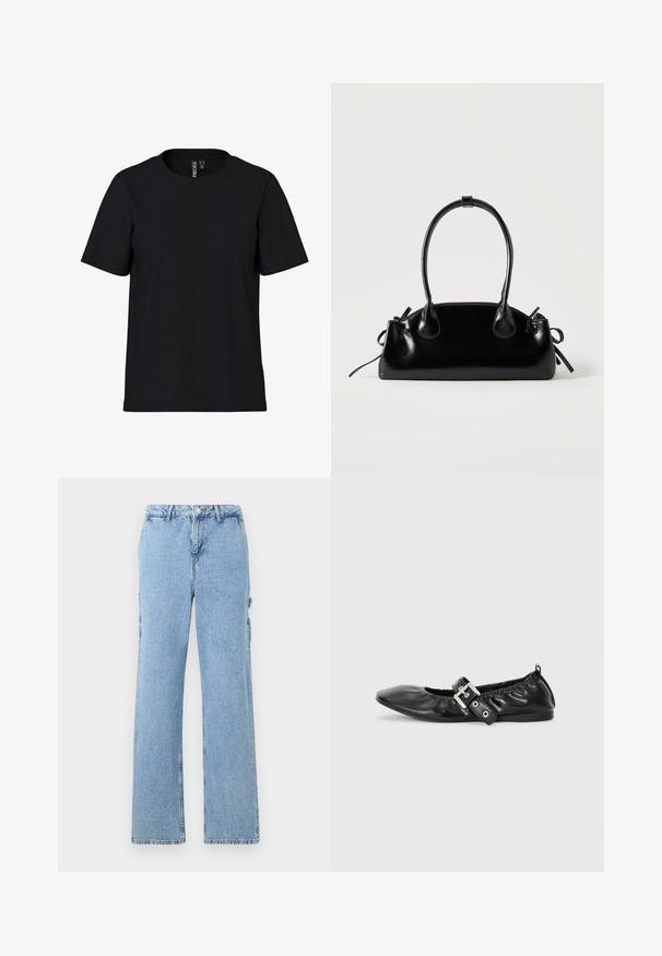 Sort kortærmet T-shirt lavet af blødt stof med rund hals. Simpelt design uden mønstre eller detaljer, lige snit i kanten.; Lyseblå denim cargo bukser med lige ben-design, der har sidelommer og kontraststing. Klassisk fem-lomme stil.; Sorte læder flade sko med spids tå, samling detaljer omkring åbningen, og en sølv spænde accent på den justerbare rem.; Lille sort blank håndtaske med to lange håndtag og snøre-detaljer i siden på en ensfarvet lys baggrund.