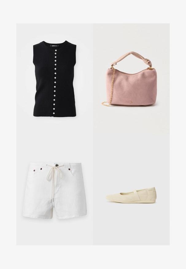 Zwarte mouwloze gebreide top met een ronde halslijn en een rechte pasvorm, met een voorpaniaal van witte knopen in het midden.; Witte casual shorts met voorzakken en een trekkoord in de taille gestrikt in een strik, weergegeven tegen een effen achtergrond.; Beige ballerina's met een gladde leren buitenkant, amandelvormige punt en elastische band over de wreef, met subtiele stiksels.; Zachte roze suède handtas met geknoopte handgreep, gouden ritssluiting en gouden kettingdetail tegen een lichte achtergrond.