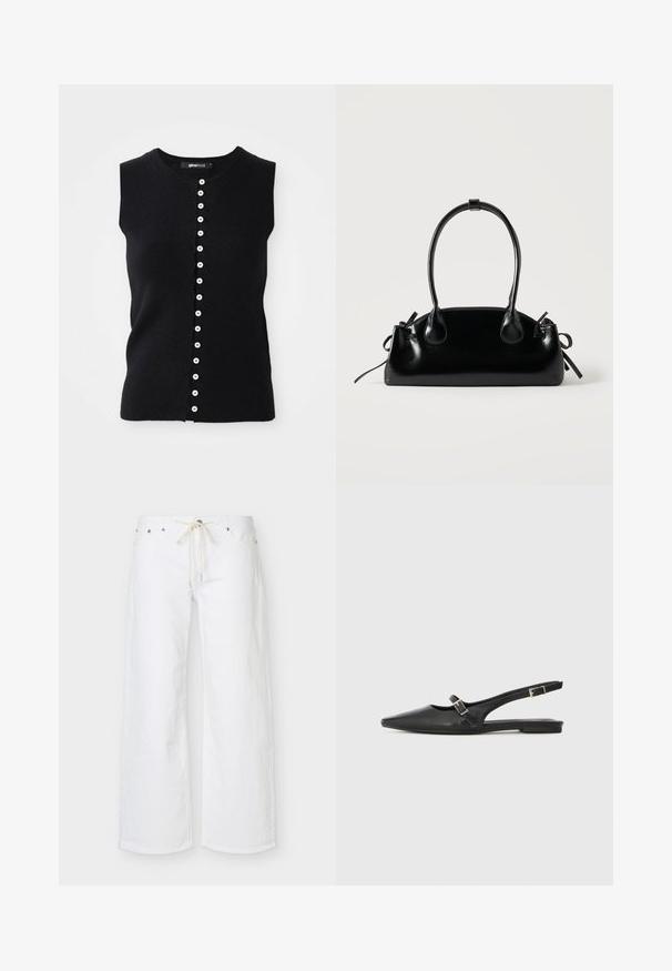 Top de punto sin mangas negro con cuello redondo y corte recto, con una tapeta frontal de botones blancos en el centro.; Pantalones blancos de pierna ancha con bolsillos delanteros y un cordón beige en la cintura, mostrados sobre un fondo liso.; Zapatos slingback de cuero negro con punta afilada, que cuentan con una correa estrecha y un detalle de hebilla plateada en el lateral. Suela plana.; Pequeño bolso negro brillante con dos asas largas y detalles de cordón lateral sobre un fondo claro liso.
