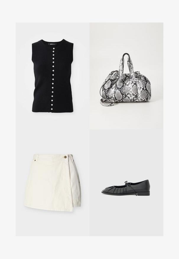 Top de punto sin mangas negro con cuello redondo y corte recto, con una tapeta frontal de botones blancos en el centro.; Minifalda de denim blanca con parte delantera estilo cruzado, trabillas para cinturón y cierre con botón metálico en la cintura.; Zapato plano negro con diseño delantero plisado y un lazo atado en la parte superior, tacón bajo y textura lisa sobre un fondo gris claro.; Bolso de mano con patrón de piel de serpiente en blanco y negro, con dos asas, un cierre de cordón y una correa para el hombro desmontable. Textura suave.