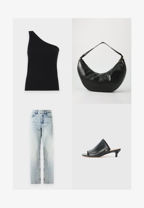 Top sin mangas negro de canalé con un diseño ajustado y una textura suave. Presenta un corte limpio y minimalista y un escote suave.; Jeans de tiro alto en azul claro de mezclilla. Diseño de pierna recta con un ligero desvanecimiento, cinco bolsillos y cierre con botón metálico.; Mules de cuero negro de punta abierta con un tacón bajo. Presentan una superficie lisa y un acento del logo dorado en el costado.; Bolso de hombro de cuero negro con una forma curva, textura suave y una sola correa; cuenta con un zipper dorado y un branding sutil.