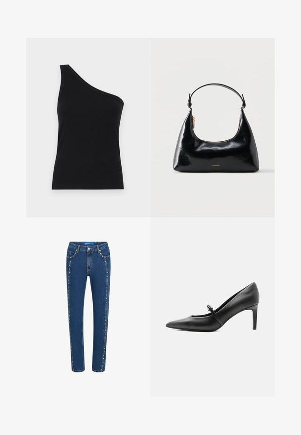 Débardeur noir à côtes à une épaule, avec un design ajusté et une texture douce. Présente une coupe épurée et minimale ainsi qu'un col lisse.; Jeans en denim bleu foncé avec une coupe droite, présentant des coutures contrastantes et des clous décoratifs le long des coutures latérales et des poches avant.; Escarpin noir en cuir à bout pointu avec une fine bride et une boucle sur le cou-de-pied, posé sur un fond clair neutre.; Sac à main Calvin Klein noir brillant avec fermeture éclair dorée et anse courte sur fond blanc uni.