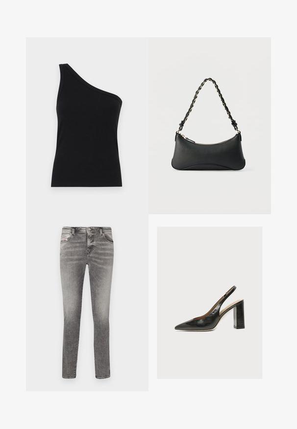 Débardeur noir à côtes à une épaule, avec un design ajusté et une texture douce. Présente une coupe épurée et minimale ainsi qu'un col lisse.; Jeans skinny en denim gris avec cinq poches, délavage et détails en rivets. Présente une fermeture à bouton et des passants de ceinture le long de la taille.; Escarpin slingback en cuir noir pour femme avec bout pointu et talon bloc épais et haut sur fond blanc.; Sac à bandoulière en cuir noir de forme rectangulaire incurvée, avec une chaîne dorée tissée dans la bandoulière noire tressée et une fermeture éclair sur le dessus.