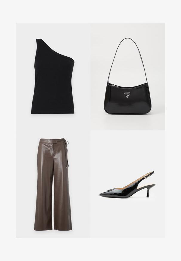 Débardeur noir à côtes à une épaule, avec un design ajusté et une texture douce. Présente une coupe épurée et minimale ainsi qu'un col lisse.; Pantalons larges en simili cuir marron avec taille haute et détail de lien sur le côté, sur fond blanc.; Escarpin slingback en cuir verni noir avec bout pointu, petit talon kitten et bride à boucle argentée sur fond blanc uni.; Sac à épaule en cuir verni noir avec une forme incurvée, présentant un logo triangle en argent et une fermeture éclair. Texture lisse et bandoulière fine.