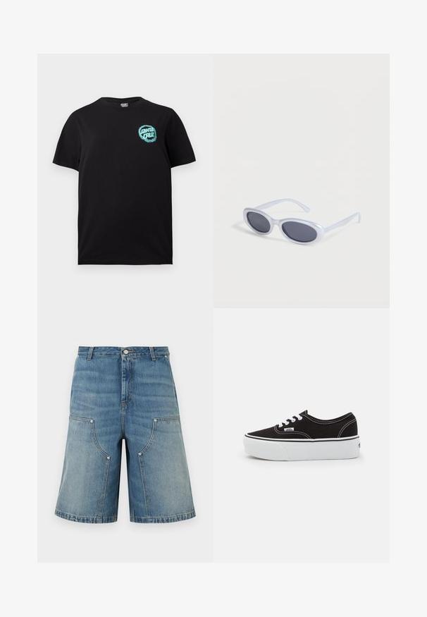 Μαύρο κοντομάνικο T-shirt με στρογγυλή λαιμόκοψη και μικρό γαλάζιο λογότυπο "Santa Cruz" στο αριστερό πάνω μέρος του στήθους.; Μπλε τζιν σορτς με ψηλή μέση, μεγάλα κυρτά μπροστινά τσέπες, θηλιές για ζώνη και κουμπί κλεισίματος.; Μαύρο καστόρινο αθλητικό παπούτσι με λευκή καουτσούκ πλατφόρμα, που διαθέτει λευκές κορδόνες και ραφές, εμβληματική σήμανση στο πλάι, σε χαμηλό σχεδιασμό.; Οβάλ γυαλιά ηλίου με λευκό σκελετό και σκούρους φακούς που ακουμπούν σε λευκή επιφάνεια.